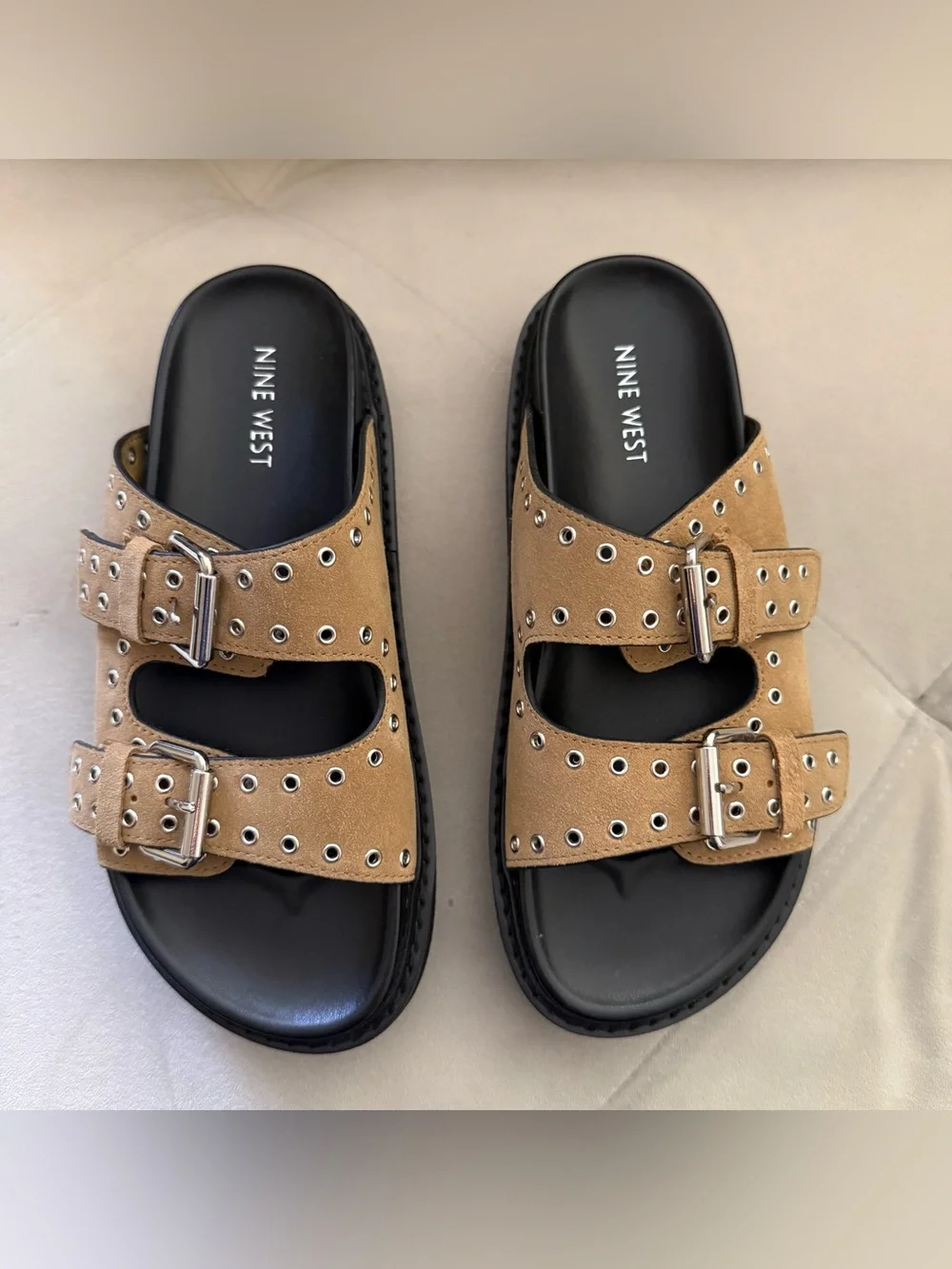 Nine West Tan Suede Double-Buckle Slide Sandals